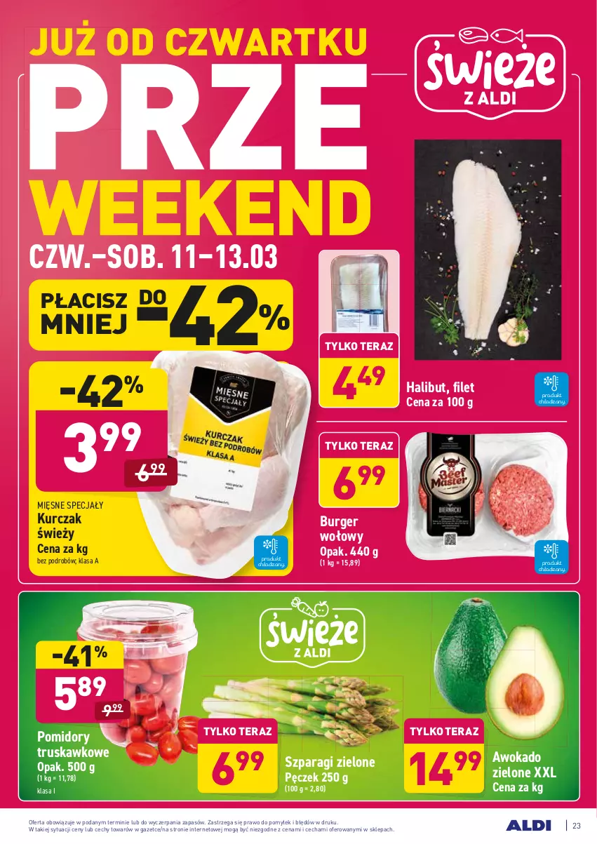 Gazetka promocyjna Aldi - ALE! CENA w ALDI - ważna 08.03 do 20.03.2021 - strona 23 - produkty: Burger, Halibut, Kurczak, Mięsne specjały, Pomidory, Tera