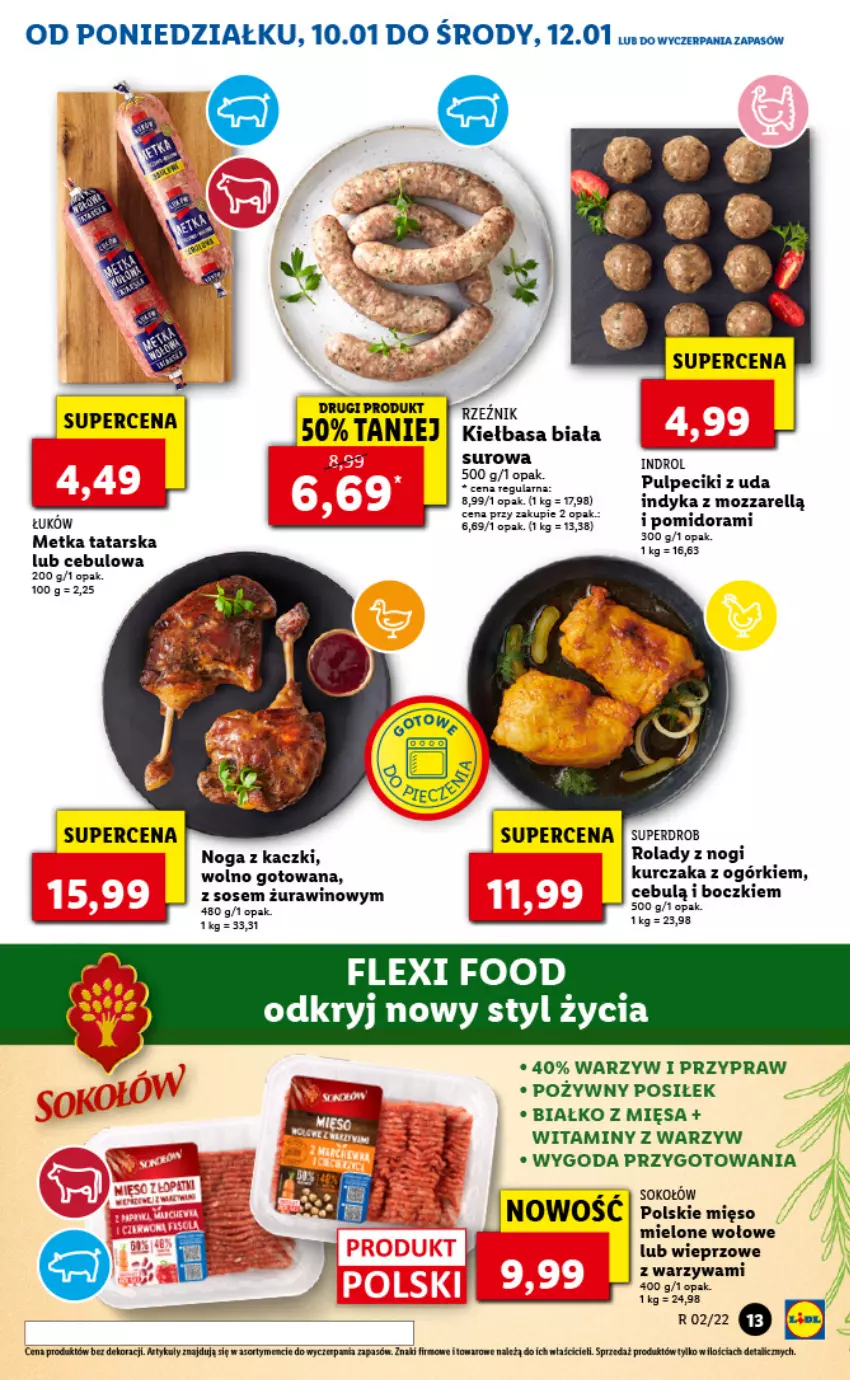 Gazetka promocyjna Lidl - GAZETKA - ważna 10.01 do 12.01.2022 - strona 13 - produkty: Fa, Kiełbasa, Kiełbasa biała, Kurczak, Metka tatarska, Mięso, Mięso mielone, Noga z kaczki, Sok, Sokołów, Warzywa, Wino