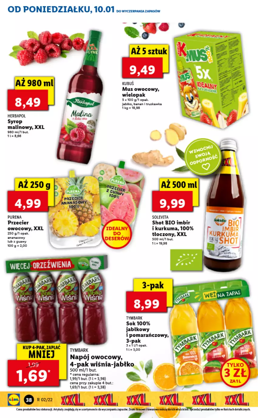 Gazetka promocyjna Lidl - GAZETKA - ważna 10.01 do 12.01.2022 - strona 38 - produkty: Herbapol, Imbir, Kurkuma, Mus, Napój, Pur, Sok, Syrop, Tera, Tymbark