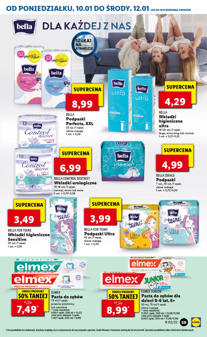 Gazetka promocyjna Lidl - GAZETKA - ważna 10.01 do 12.01.2022 - strona 59 - produkty: Bell, Bella, Control, Discreet, Dzieci, Fa, Pasta do zębów, Perfecta, Podpaski, Sos, Wkładki, Wkładki urologiczne