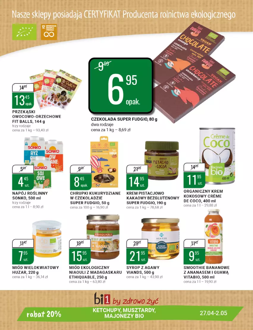 Gazetka promocyjna Bi1 - Grillandia - ważna 27.04 do 02.05.2022 - strona 25 - produkty: Ananas, Chrupki, Czekolada, Kakao, Ketchup, Kokos, Majonez, Miód, Mus, Napój, Napój roślinny, Smoothie, Sonko, Syrop