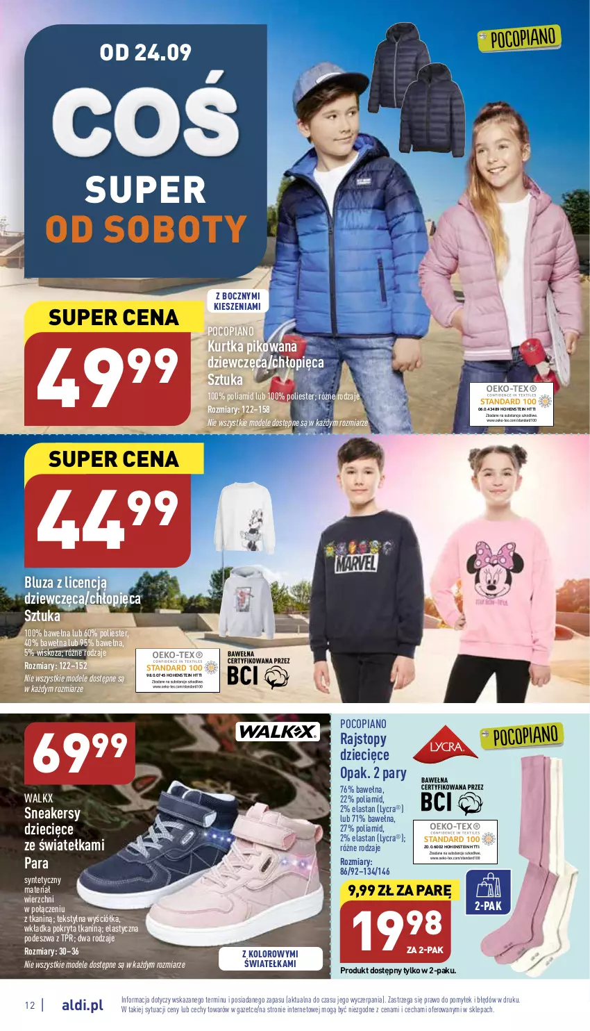 Gazetka promocyjna Aldi - Zaplanuj zakupy wcześniej - ważna 21.09 do 24.09.2022 - strona 12 - produkty: Bluza, Dzieci, Kurtka, Pocopiano, Rajstopy, Sneakersy, Top, Wełna