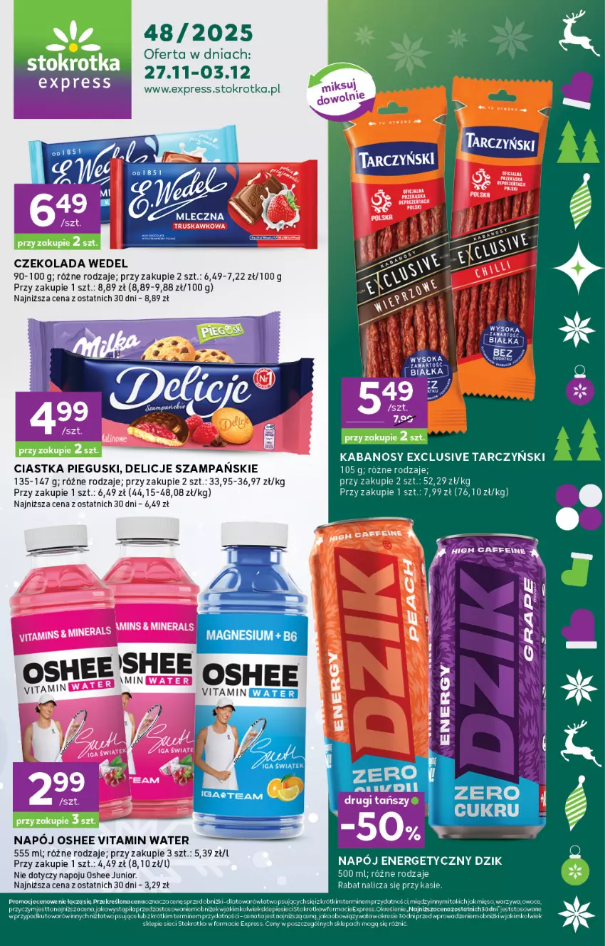 Gazetka promocyjna Stokrotka - Stokrotka Express - ważna 27.11 do 03.12.2025 - strona 1 - produkty: Ciastka, Czekolada, Delicje, Kabanos, Mięso, Oshee, Owoce, Sok, Tarczyński, Warzywa