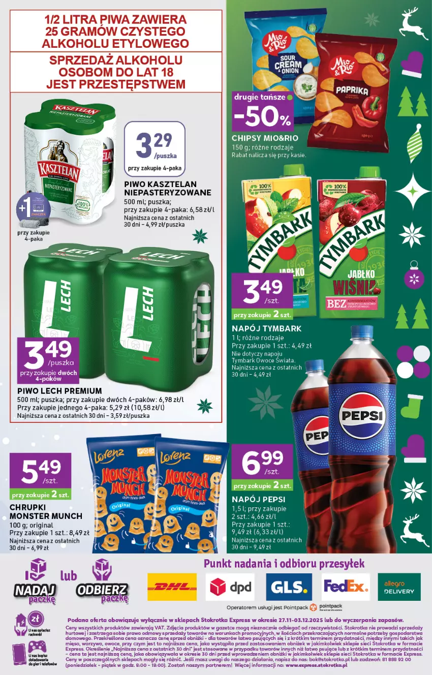 Gazetka promocyjna Stokrotka - Stokrotka Express - ważna 27.11 do 03.12.2025 - strona 6 - produkty: Allegro, Chipsy, Chrupki, Fa, Gin, Kasztelan, Lech Premium, Owoce, Pepsi, Piwo, Tymbark