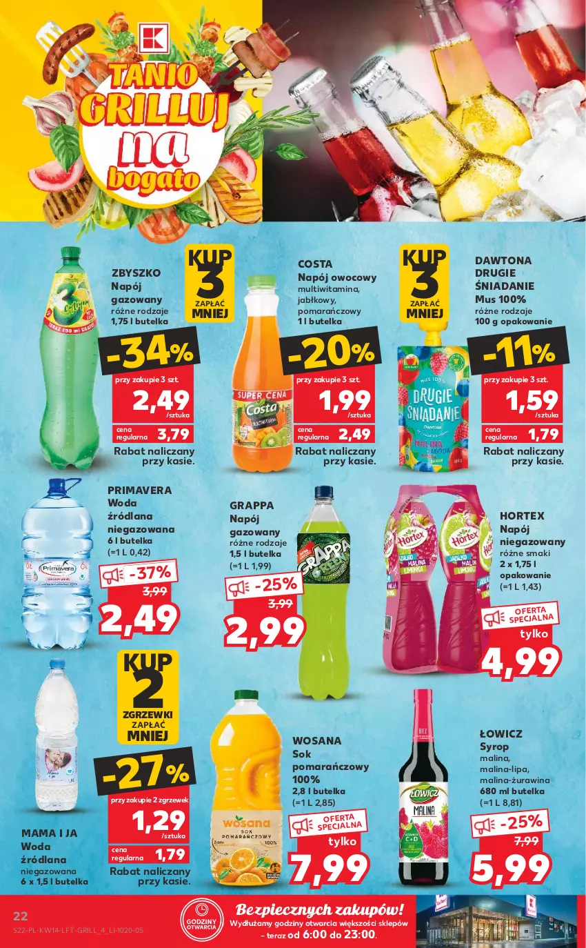 Gazetka promocyjna Kaufland - OFERTA TYGODNIA - ważna 08.04 do 14.04.2021 - strona 22 - produkty: Dawtona, Gra, Grappa, Grill, Hortex, LANA, Mus, Napój, Napój gazowany, Napój niegazowany, Piec, Prima, Primavera, Sok, Sok pomarańczowy, Syrop, Tera, Woda, Wosana