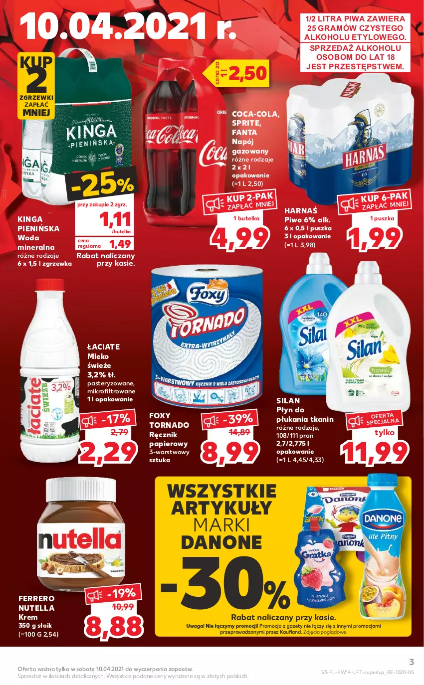 Gazetka promocyjna Kaufland - OFERTA TYGODNIA - ważna 08.04 do 14.04.2021 - strona 3 - produkty: Coca-Cola, Danone, Fa, Fanta, Ferrero, Foxy, Gra, Harnaś, Mleko, Napój, Napój gazowany, Nutella, Papier, Piwa, Piwo, Płyn do płukania, Ręcznik, Silan, Sprite, Waga, Woda, Woda mineralna