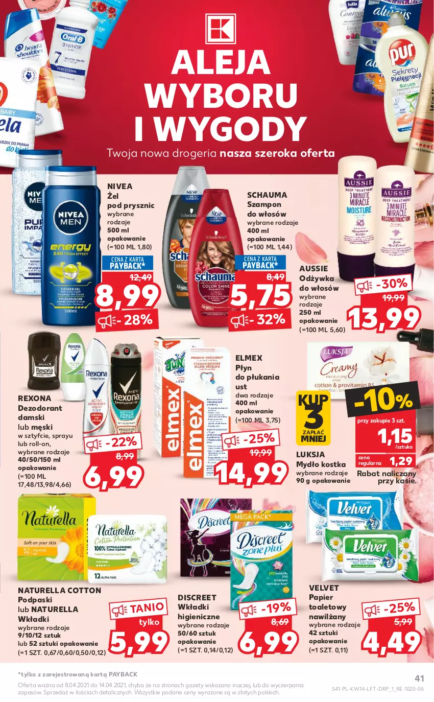 Gazetka promocyjna Kaufland - OFERTA TYGODNIA - ważna 08.04 do 14.04.2021 - strona 41 - produkty: Dezodorant, Discreet, Elmex, Luksja, Mydło, Naturell, Naturella, Nivea, Odżywka, Papier, Papier toaletowy, Płyn do płukania, Podpaski, Rexona, Schauma, Szampon, Velvet, Wkładki