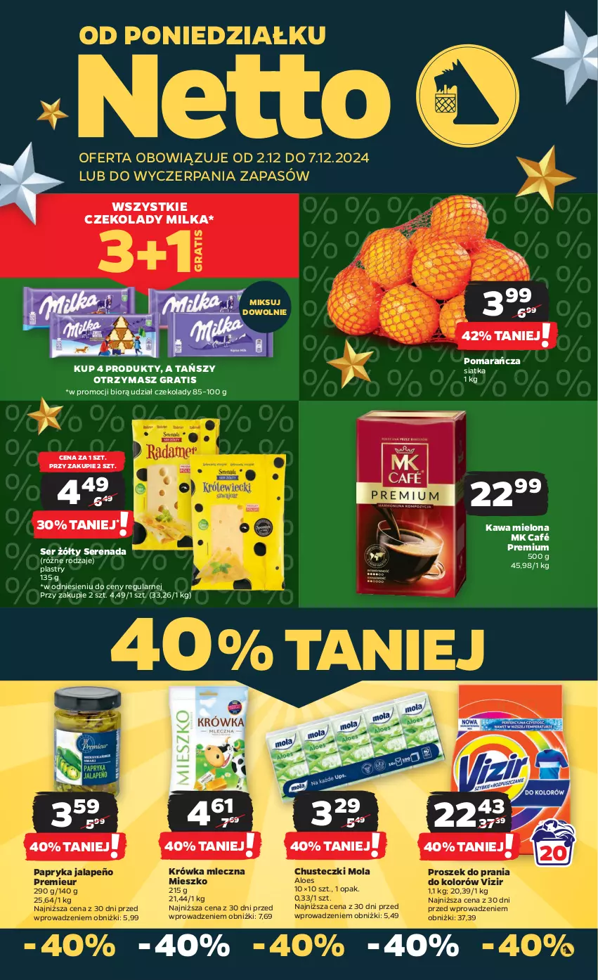 Gazetka promocyjna Netto - Od Poniedziałku - ważna 02.12 do 07.12.2024 - strona 1 - produkty: Chusteczki, Gra, Kawa, Kawa mielona, Milka, Mola, Papryka, Papryka jalapeño, Proszek do prania, Ser, Siatka, Vizir