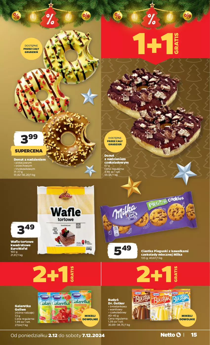 Gazetka promocyjna Netto - Od Poniedziałku - ważna 02.12 do 07.12.2024 - strona 15 - produkty: Budyń, Ciastka, Donut, Dr. Oetker, Gala, Galaretka, Gra, Kawa, Milka, Wafle, Wafle tortowe