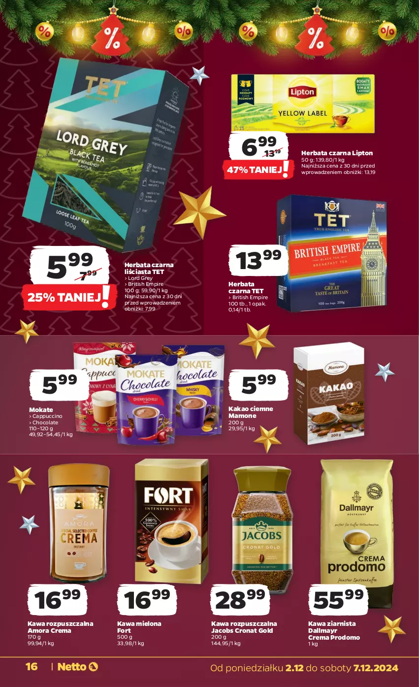 Gazetka promocyjna Netto - Od Poniedziałku - ważna 02.12 do 07.12.2024 - strona 16 - produkty: Brit, Cappuccino, Dallmayr, Herbata, Herbata czarna, Jacobs, Kakao, Kawa, Kawa mielona, Kawa rozpuszczalna, Kawa ziarnista, Lipton