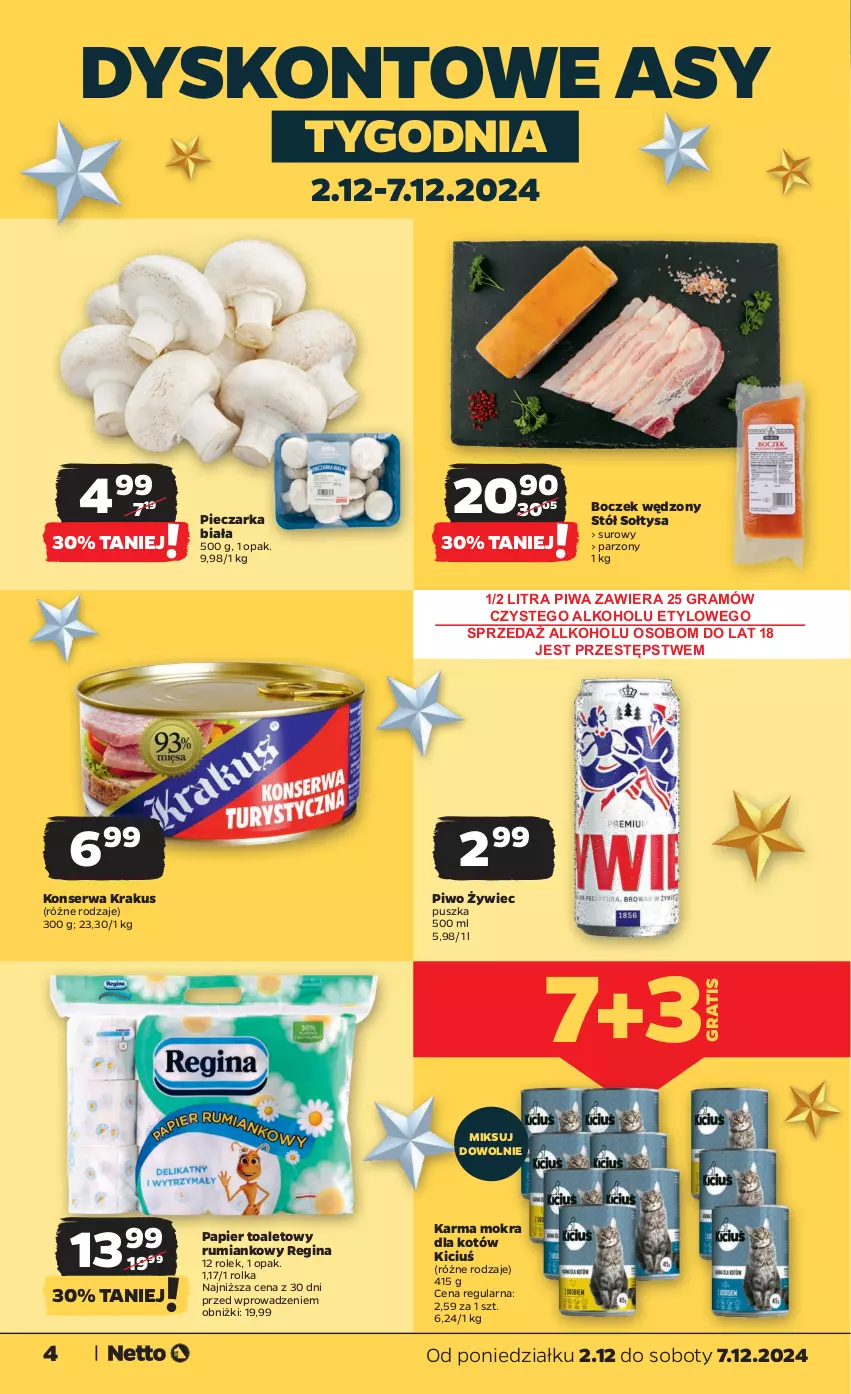 Gazetka promocyjna Netto - Od Poniedziałku - ważna 02.12 do 07.12.2024 - strona 4 - produkty: Boczek, Gin, Gra, Karma mokra dla kotów, Krakus, Papier, Papier toaletowy, Piec, Pieczarka, Piwa, Piwo, Rum, Ser, Stół