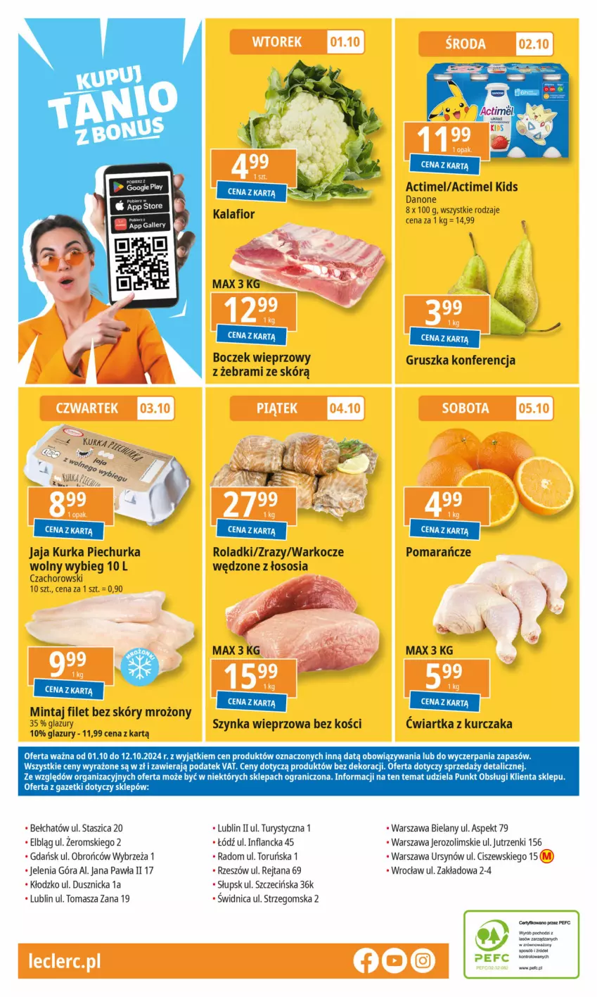 Gazetka promocyjna E Leclerc - ważna 01.10 do 12.10.2024 - strona 24 - produkty: Actimel, Boczek, Boczek wieprzowy, Danone, Gra, Jaja, Kalafior, Koc, Kurczak, Lazur, Mintaj, Piec, Pomarańcze, Sos, Szynka, Szynka wieprzowa