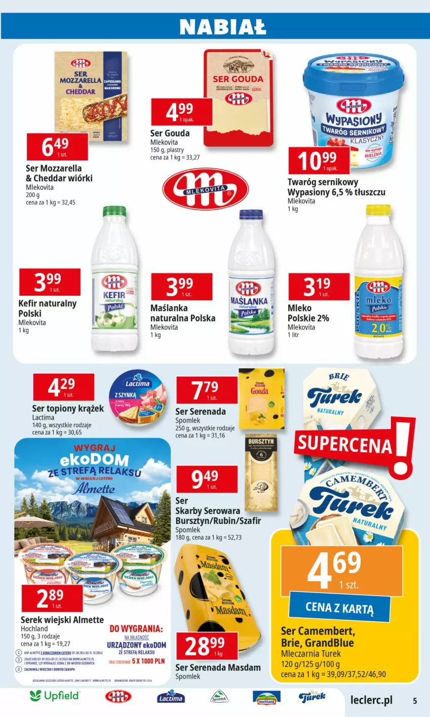 Gazetka promocyjna E Leclerc - ważna 01.10 do 12.10.2024 - strona 5 - produkty: Almette, Bursztyn, Cheddar, Fa, Gouda, Gra, Hochland, LG, Maślanka, Mleko, Mlekovita, Mozzarella, Regał, Rubin, Ser, Serek, Serek wiejski, Sok, Twaróg