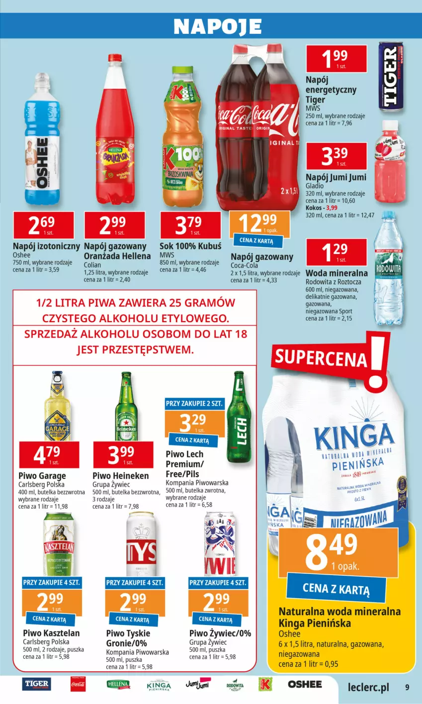 Gazetka promocyjna E Leclerc - ważna 01.10 do 12.10.2024 - strona 9 - produkty: Carlsberg, Coca-Cola, Heineken, Hellena, Kasztelan, Kokos, Kubuś, Lech Premium, LG, Napój, Napój gazowany, Napoje, Oranżada, Oshee, Piwo, Por, Sok, Sport, Tyskie, Woda, Woda mineralna