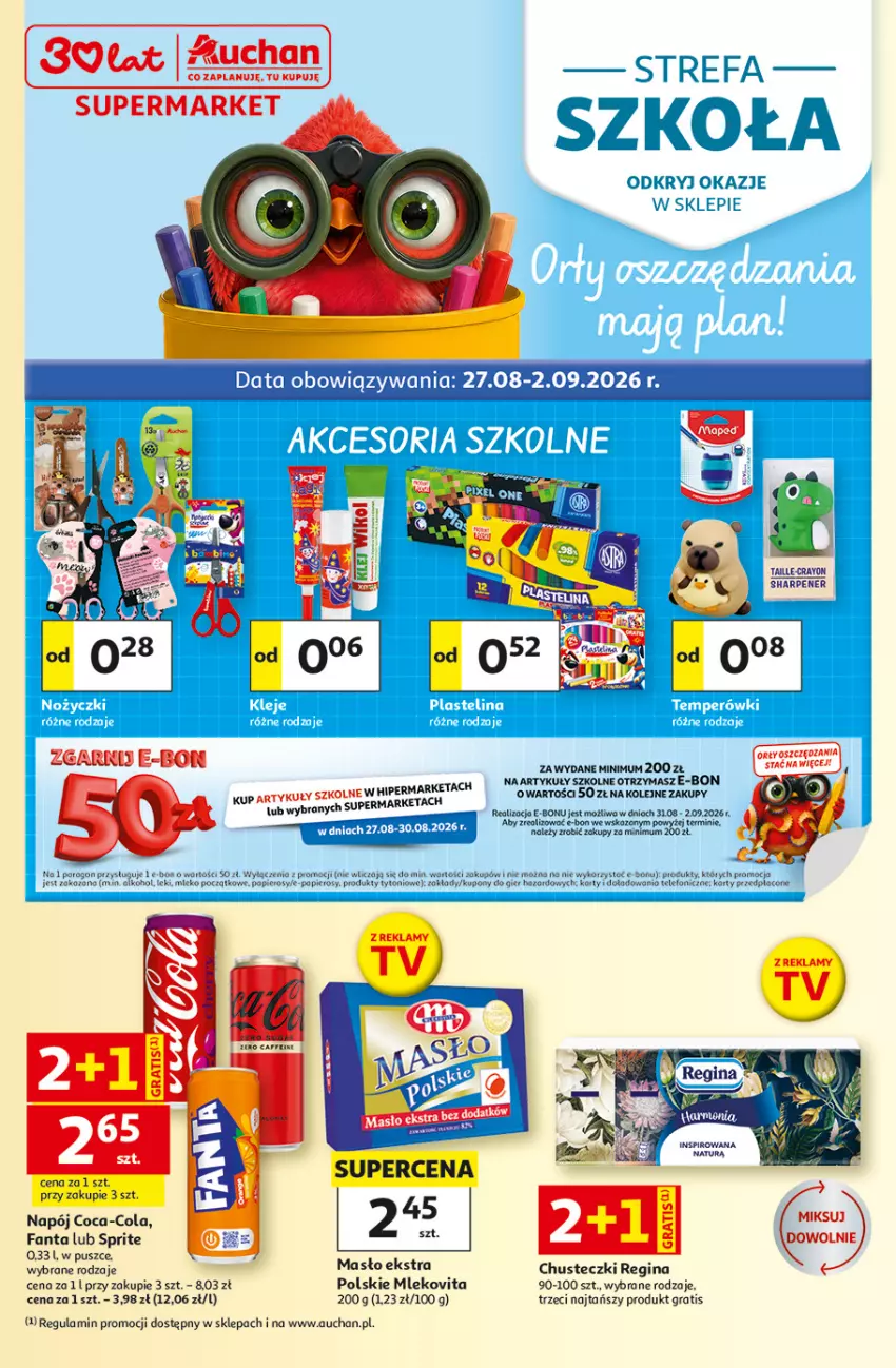Gazetka promocyjna Auchan - 30 Lat Supermarket - ważna 27.08 do 02.09.2026 - strona 1 - produkty: Chusteczki, Coca-Cola, Fa, Fanta, Gin, Gra, Mleko, Mlekovita, Napój, Olej, Papier, Por, Sharp, Sprite