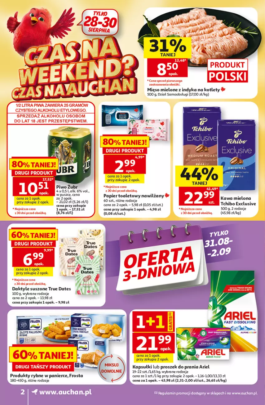 Gazetka promocyjna Auchan - 30 Lat Supermarket - ważna 27.08 do 02.09.2026 - strona 2 - produkty: Ariel, Daktyle, Fa, Frosta, Gin, Kawa, Kawa mielona, Kotlet, Mięso, Mięso mielone, Proszek do prania, Tchibo