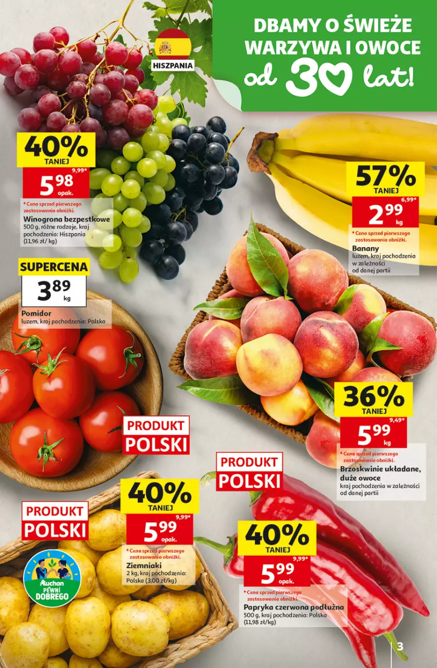 Gazetka promocyjna Auchan - 30 Lat Supermarket - ważna 27.08 do 02.09.2026 - strona 3 - produkty: Banany, Owoce, Papryka, Papryka czerwona, Warzywa, Warzywa i owoce, Wino, Winogrona, Winogrona bezpestkowe, Ziemniaki
