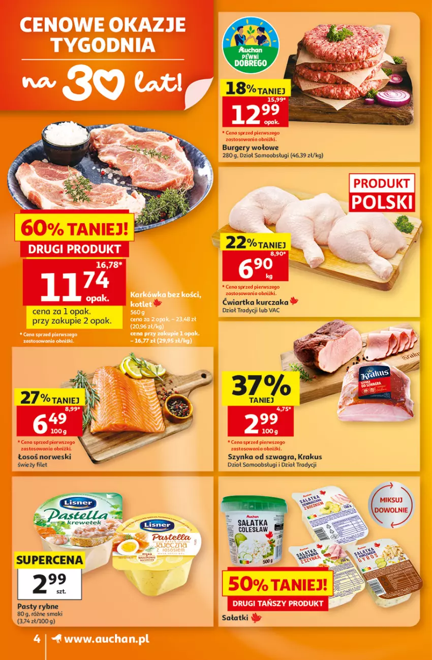 Gazetka promocyjna Auchan - 30 Lat Supermarket - ważna 27.08 do 02.09.2026 - strona 4 - produkty: Burger, Gra, Krakus, Kurczak, Sałat, Szynka