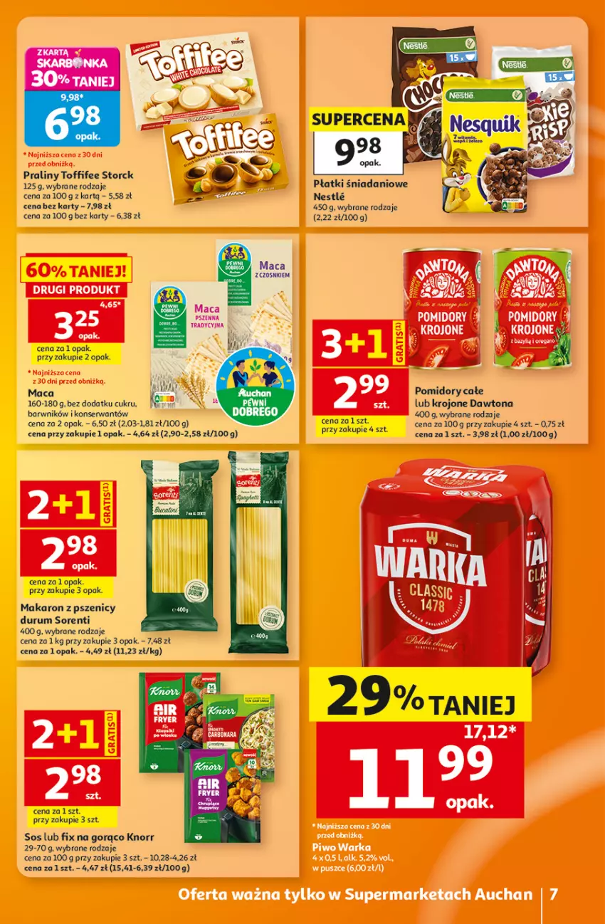 Gazetka promocyjna Auchan - 30 Lat Supermarket - ważna 27.08 do 02.09.2026 - strona 7 - produkty: Danio, Dawtona, Fa, Knorr, Makaron, Pomidory, Praliny, Rum, Ser, Sos, Toffifee
