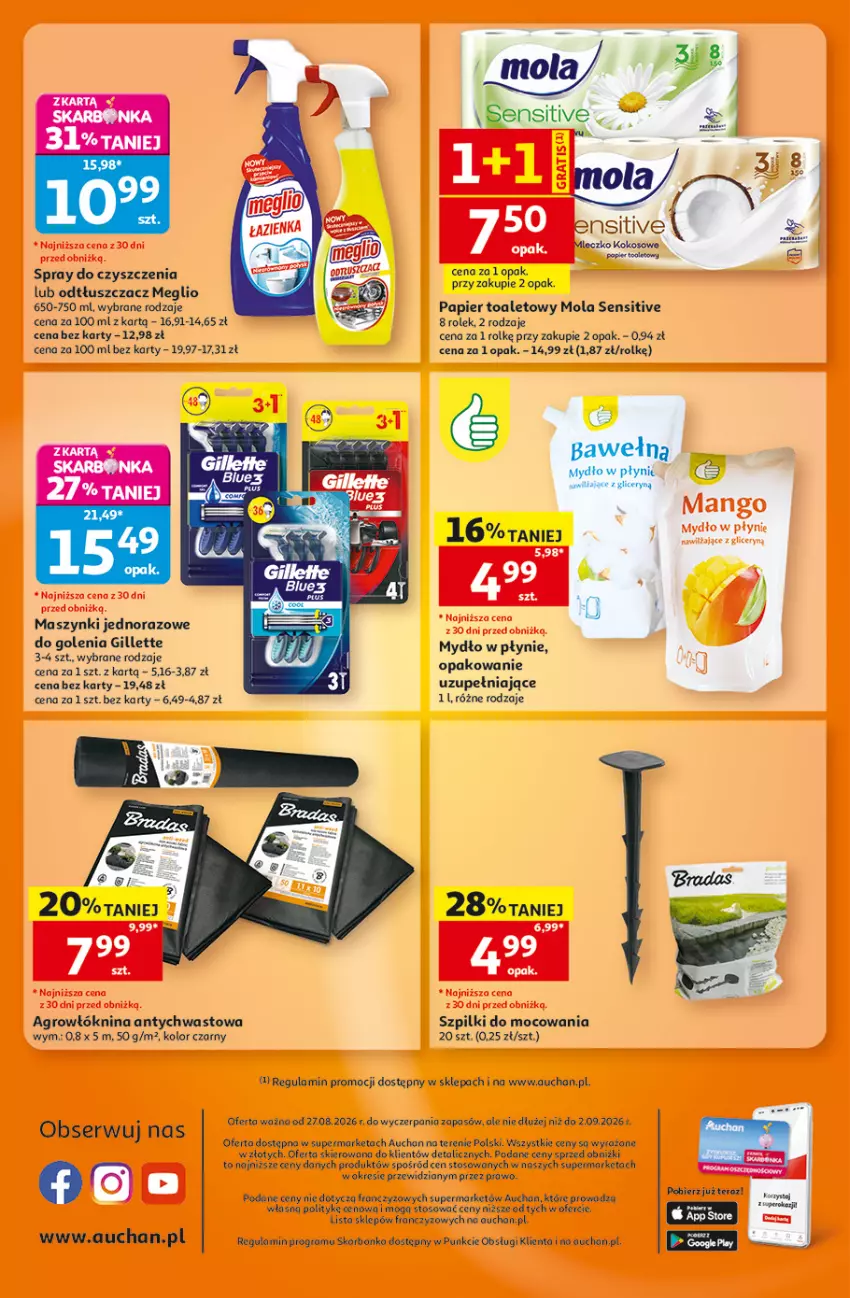 Gazetka promocyjna Auchan - 30 Lat Supermarket - ważna 27.08 do 02.09.2026 - strona 8 - produkty: Gillette, Gra, Kokos, Korba, Mleczko, Mola, Mydło, Mydło w płynie, Odtłuszczacz, Papier, Papier toaletowy, Ser, Spray do czyszczenia, Tera