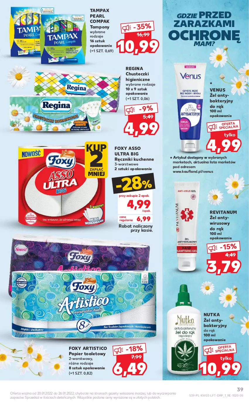 Gazetka promocyjna Kaufland - OFERTA TYGODNIA - ważna 20.01 do 26.01.2022 - strona 39 - produkty: Chusteczki, Dres, Foxy, Gin, Papier, Papier toaletowy, Pax, Ręcznik, Tampax, Tampony, Venus