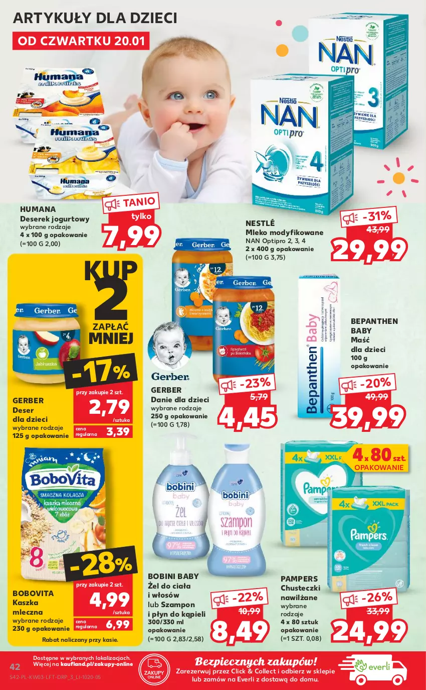 Gazetka promocyjna Kaufland - OFERTA TYGODNIA - ważna 20.01 do 26.01.2022 - strona 42 - produkty: Bepanthen, BoboVita, Chusteczki, Danie dla dzieci, Deser, Dzieci, Gerber, Humana, Jogurt, Mleko, Mleko modyfikowane, NAN Optipro, Nestlé, Pampers, Piec, Płyn do kąpieli, Ser, Serek, Szampon