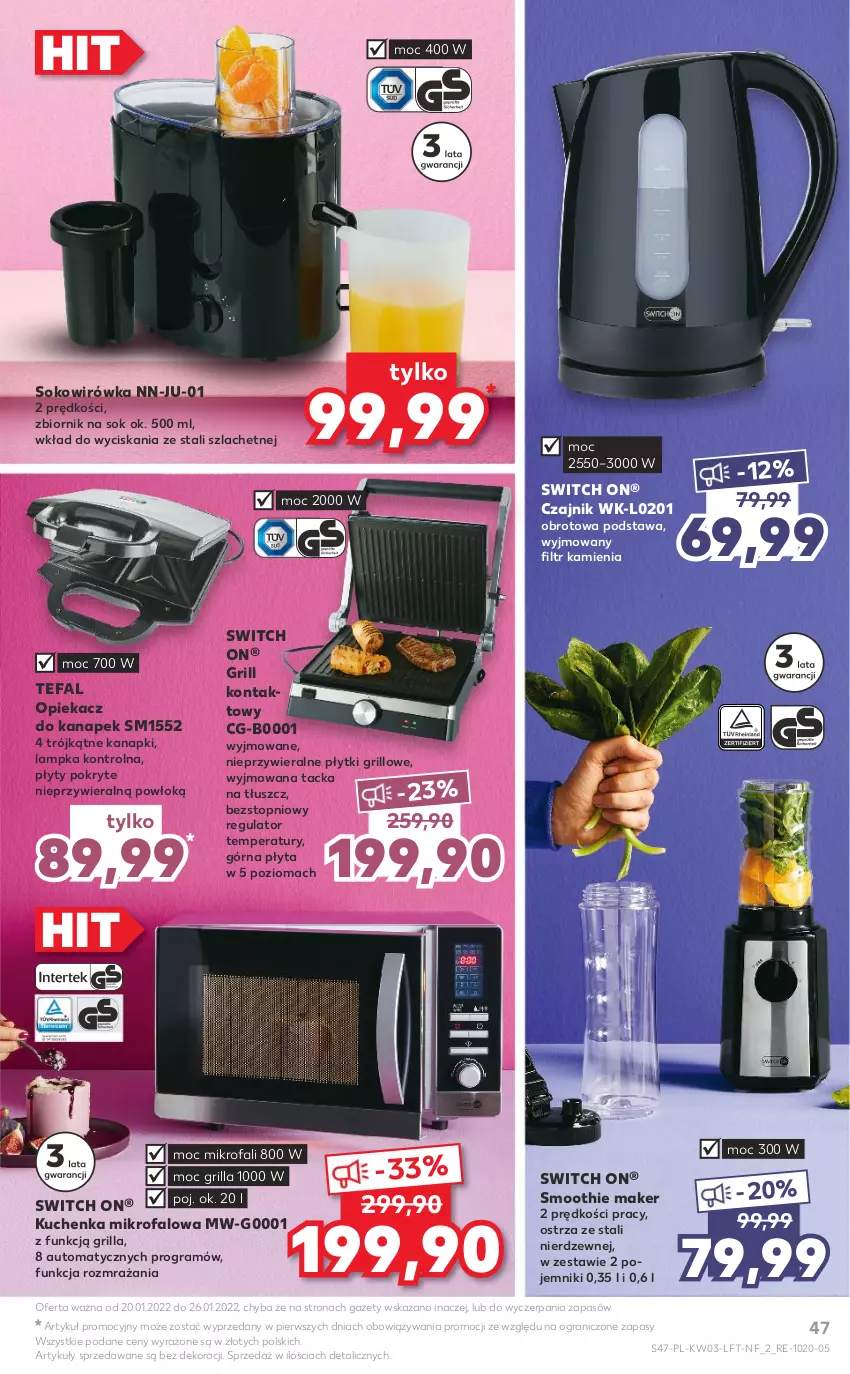 Gazetka promocyjna Kaufland - OFERTA TYGODNIA - ważna 20.01 do 26.01.2022 - strona 47 - produkty: Czajnik, Fa, Gra, Grill, Grill kontaktowy, Kuchenka mikrofalowa, Opiekacz do kanapek, Płyta, Pojemnik, Smoothie, Sok, Tefal, Top