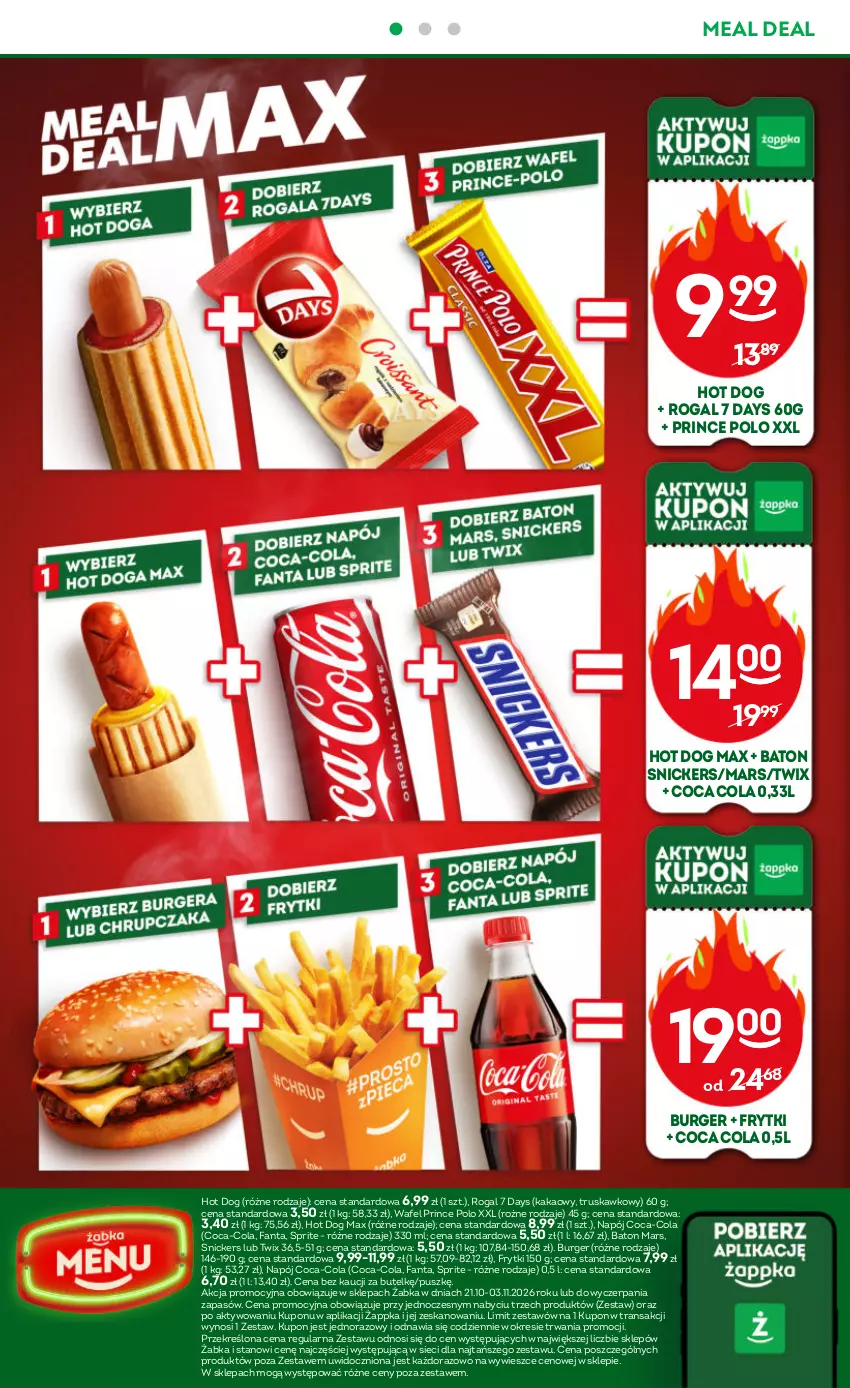 Gazetka promocyjna Żabka - gazetka-promocyjna-43-44-2026 - ważna 21.10 do 03.11.2026 - strona 42 - produkty: 7 Days, Baton, Burger, Coca-Cola, Fa, Fanta, Frytki, Hot dog, Kakao, Mars, Napój, Prince Polo, Rogal, Snickers, Sprite, Tran, Twix