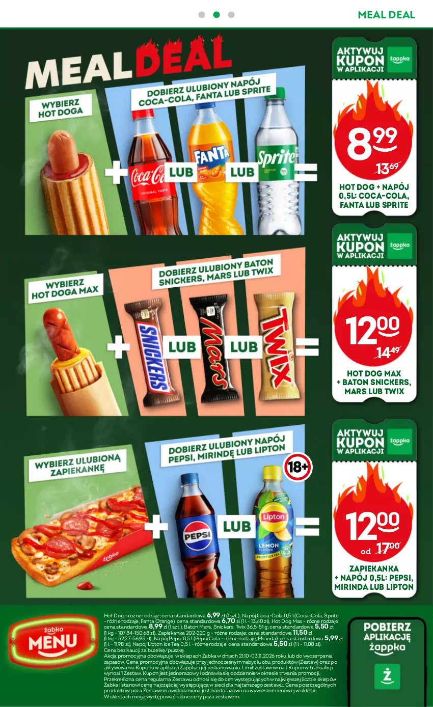 Gazetka promocyjna Żabka - gazetka-promocyjna-43-44-2026 - ważna 21.10 do 03.11.2026 - strona 43 - produkty: Baton, Coca-Cola, Fa, Fanta, Hot dog, Ice tea, Lipton, Mars, Mirinda, Napój, Pepsi, Snickers, Sprite, Tran, Twix, Zapiekanka