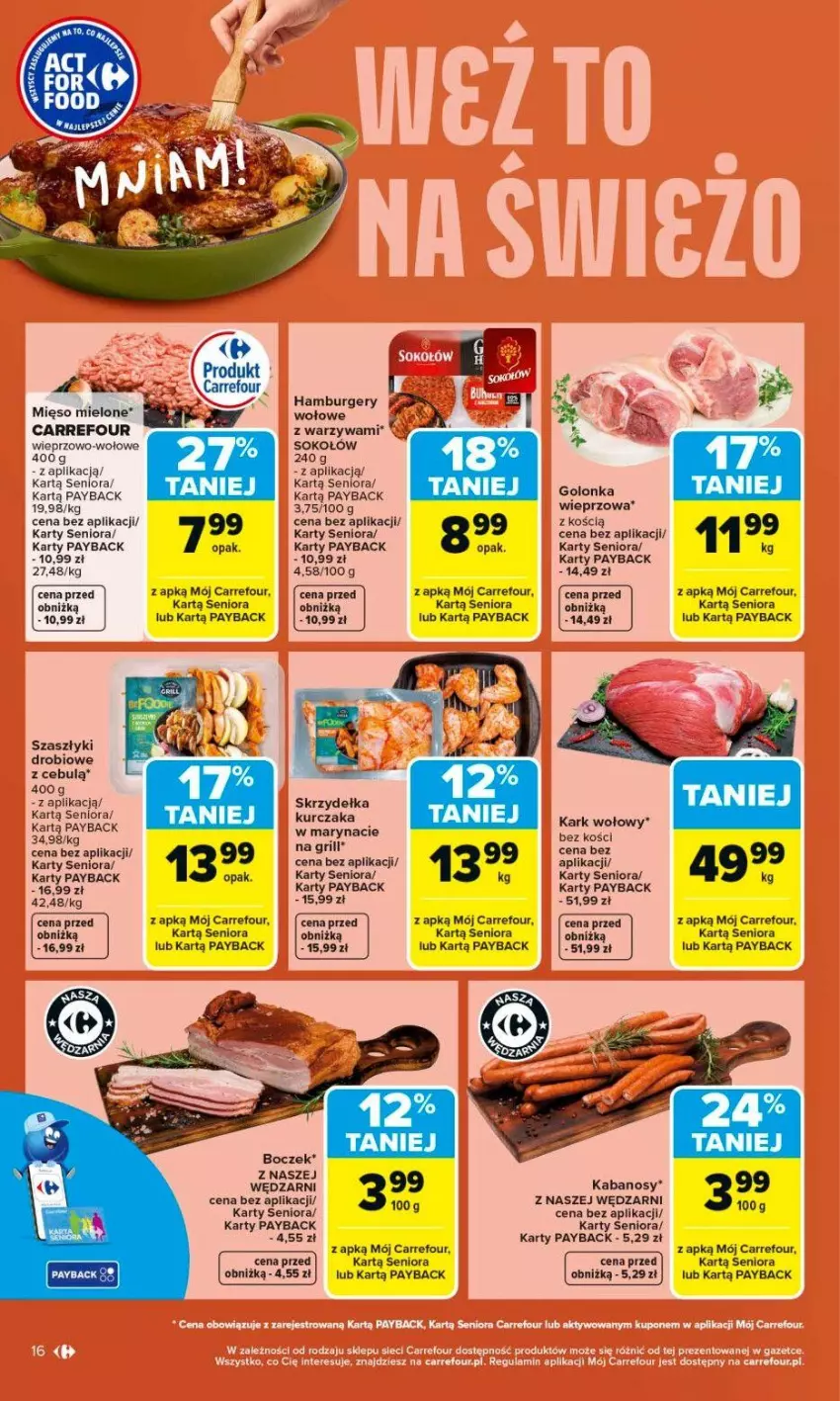 Gazetka promocyjna Carrefour - Gazetka Carrefour, Market od poniedziałku! - ważna 01.06 do 06.06.2026 - strona 18 - produkty: Boczek, Burger, Golonka wieprzowa, Grill, Hamburger, Kabanos, Kark wołowy, Kurczak, Mięso, Mięso mielone, Sok, Sokołów, Warzywa