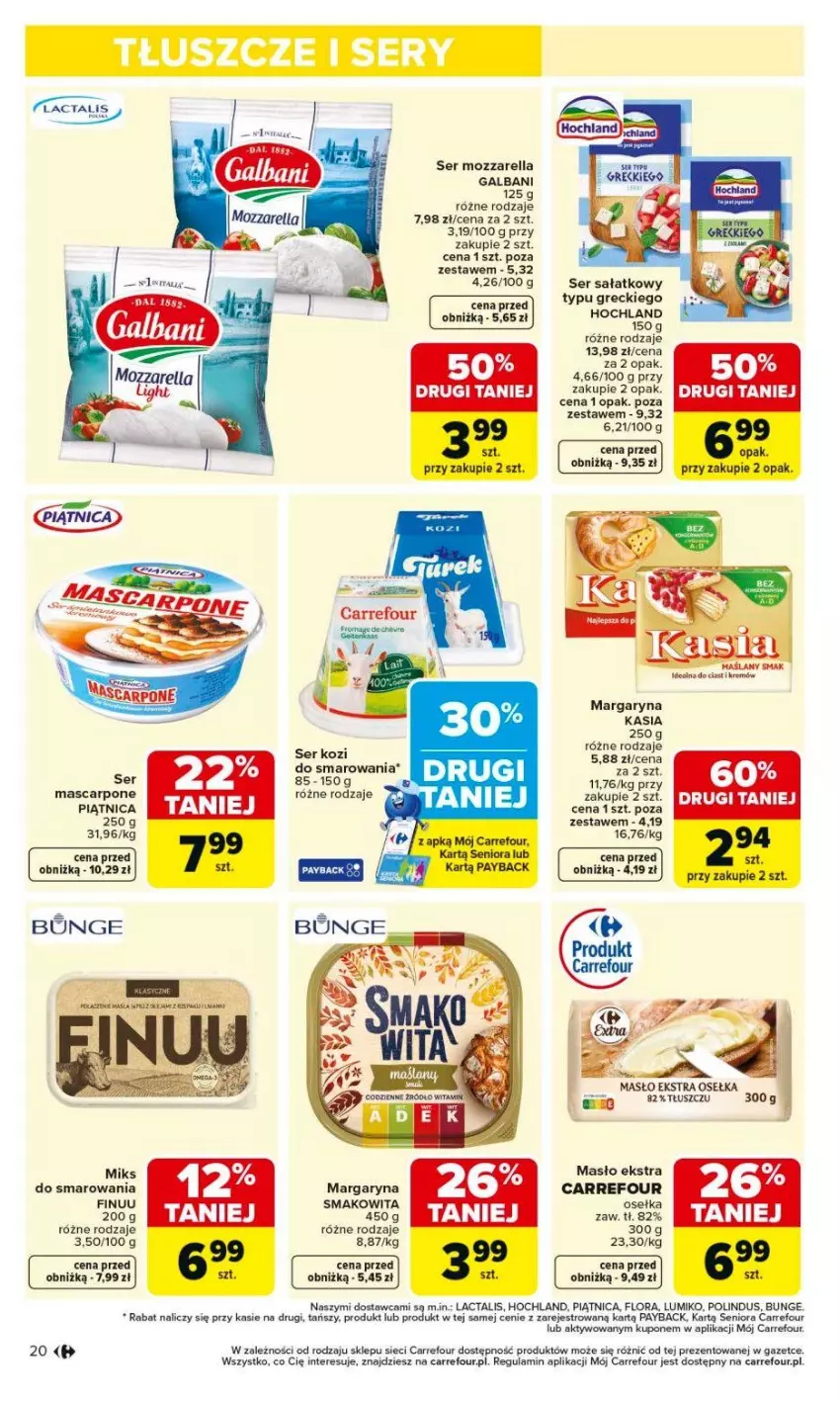 Gazetka promocyjna Carrefour - Gazetka Carrefour, Market od poniedziałku! - ważna 01.06 do 06.06.2026 - strona 22 - produkty: Finuu, Flora, Galbani, Hochland, Kasia, Margaryna, Mascarpone, Masło, Mozzarella, Piątnica, Sałat, Ser, Smakowita