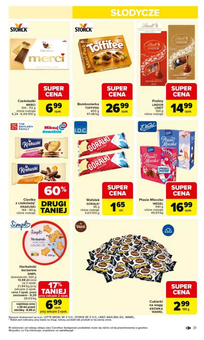 Gazetka promocyjna Carrefour - Gazetka Carrefour, Market od poniedziałku! - ważna 01.06 do 06.06.2026 - strona 33 - produkty: Ciastka, Cukier, Cukierki, Góralki, Herbatniki, Krakus, Krakuski, Lindor, Lindt, Merci, Mleczko, Praliny, Ptasie mleczko, Toffifee, Wafelek, Wawel