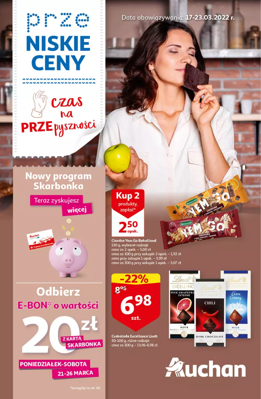 Gazetka promocyjna Auchan - przeNISKIE CENY czas na przepyszności Hipermarkety - ważna 17.03 do 23.03.2022 - strona 1 - produkty: Czekolada, Lindt