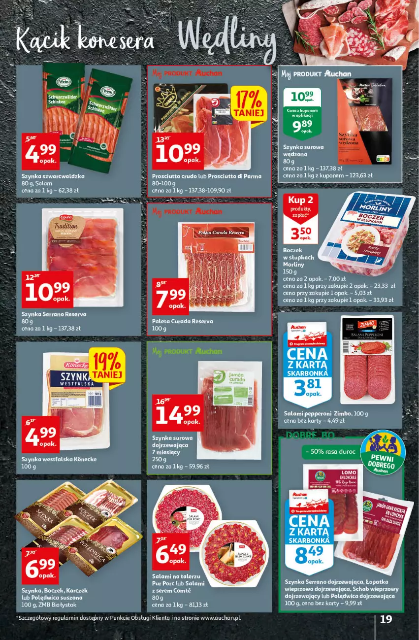 Gazetka promocyjna Auchan - przeNISKIE CENY czas na przepyszności Hipermarkety - ważna 17.03 do 23.03.2022 - strona 19 - produkty: Boczek, Paleta, Polędwica, Prosciutto, Salami, Ser, Szynka, Talerz