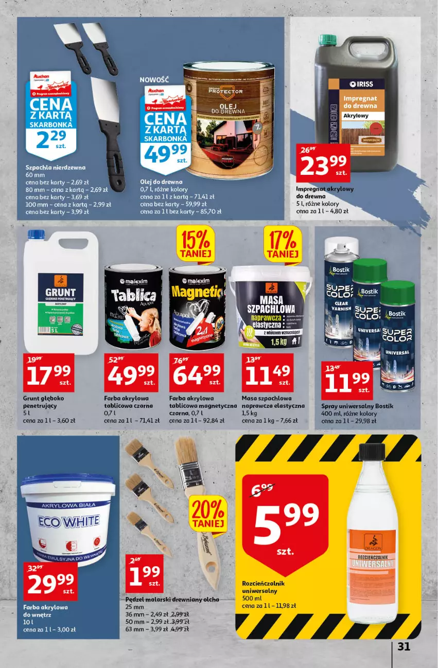 Gazetka promocyjna Auchan - przeNISKIE CENY czas na przepyszności Hipermarkety - ważna 17.03 do 23.03.2022 - strona 31 - produkty: Fa, Farba akrylowa, Grunt, Masa szpachlowa
