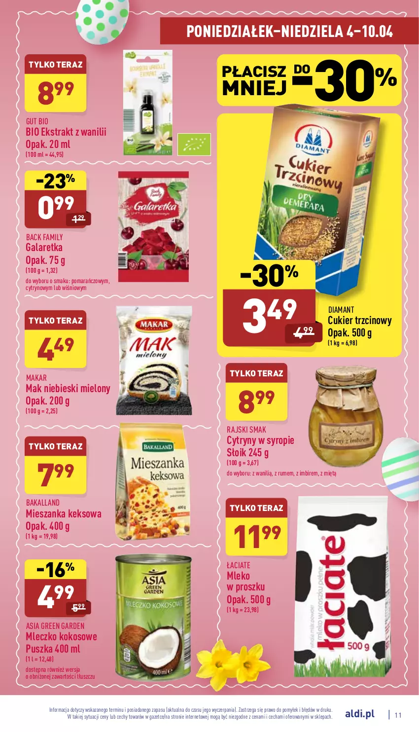 Gazetka promocyjna Aldi - Pełny katalog - ważna 04.04 do 10.04.2022 - strona 11 - produkty: Bakalland, Cukier, Cukier trzcinowy, Cytryny, Diamant, Fa, Gala, Galaretka, Imbir, Kokos, Mleczko, Mleko, Mleko w proszku, Rum, Syrop, Tera