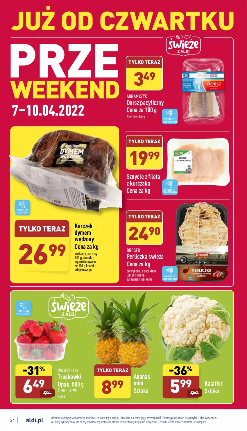 Gazetka promocyjna Aldi - Pełny katalog - ważna 04.04 do 10.04.2022 - strona 24 - produkty: Ananas, Dorsz, Jabłka, Kalafior, Kurczak, Perliczka, Tera, Truskawki