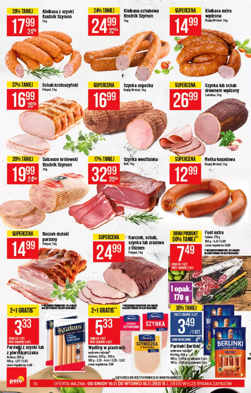 Gazetka promocyjna PoloMarket - Gazetka pomocyjna - ważna 10.11 do 16.11.2021 - strona 10 - produkty: Berlinki, Dada, Gra, Kiełbasa, Krakus, Królewski, Kurczak, Madej Wróbel, Parówki, Pekpol, Salceson, Schab krotoszyński, Sos, Szynka