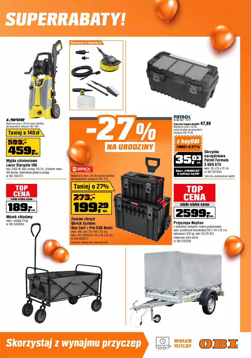 Gazetka promocyjna Obi - Gazetka OBI - ważna 18.06 do 08.07.2025 - strona 15 - produkty: Cement, Dźwig, Fa, Geoflex, Gładź polimerowa, Grunt, Klej, Myjka ciśnieniowa, Por, Przewód, Rama, Ser, Skrzynka narzędziowa, Sok, Top, Tran, Wózek