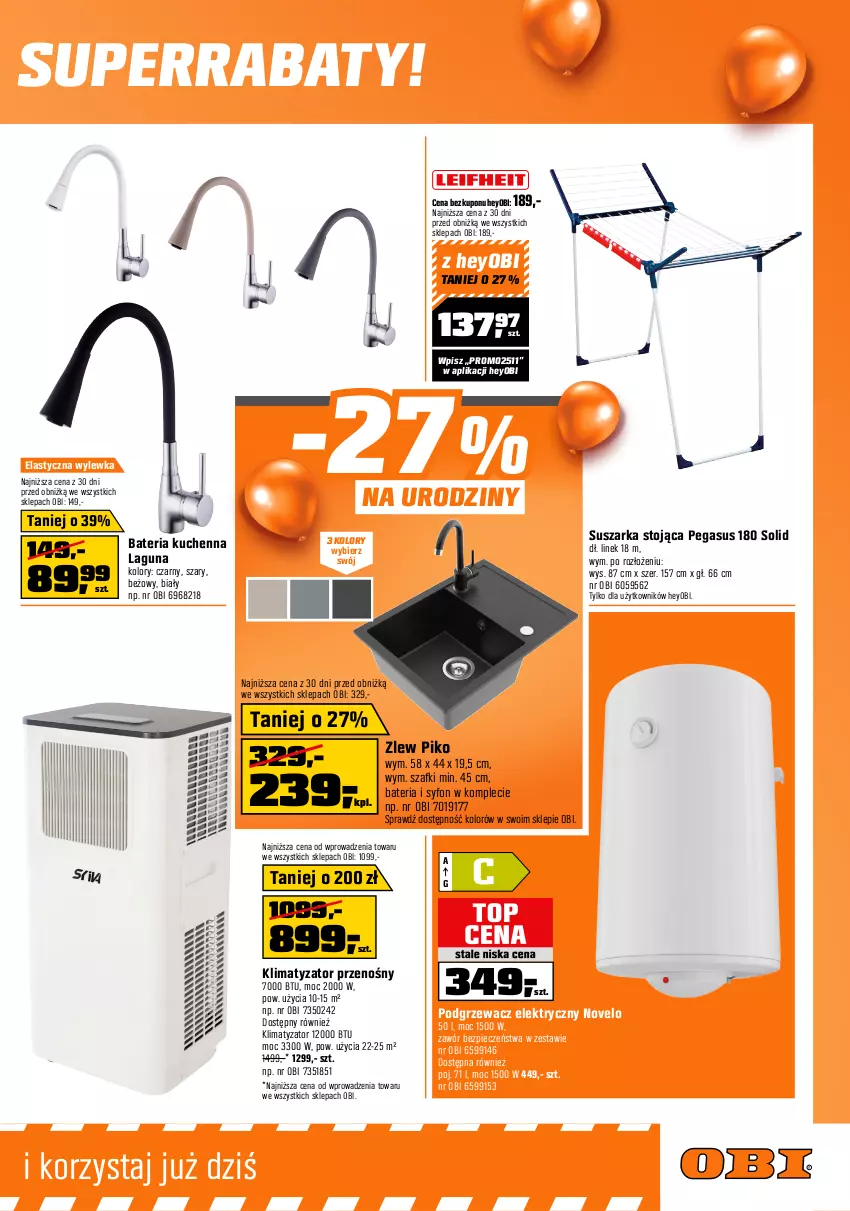 Gazetka promocyjna Obi - Gazetka OBI - ważna 18.06 do 08.07.2025 - strona 9 - produkty: Asus, Bateria, Bateria kuchenna, Fa, Gres, Piec, Suszarka, Syfon, Top, Zlew