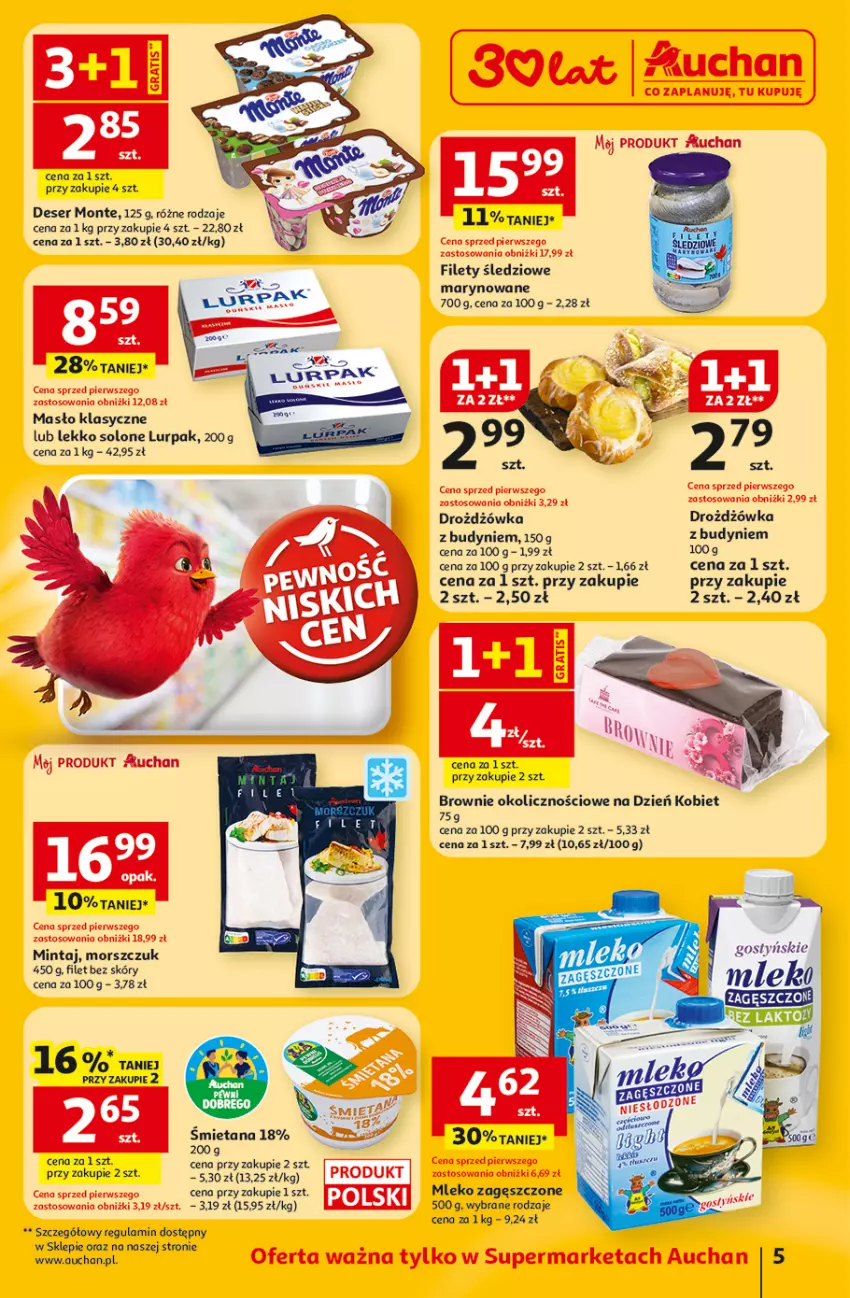 Gazetka promocyjna Auchan - 30 Lat Supermarket - ważna 05.03 do 11.03.2026 - strona 5 - produkty: Brownie, Deser, Gra, Lurpak, Masło, Mintaj, Mleko, Mleko zagęszczone, Monte, Ser