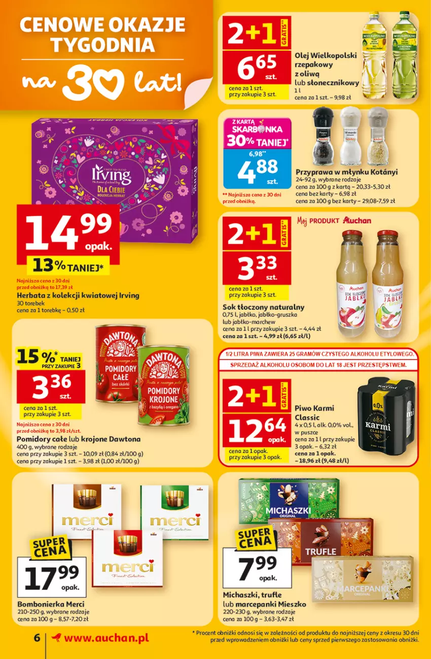 Gazetka promocyjna Auchan - 30 Lat Supermarket - ważna 05.03 do 11.03.2026 - strona 6 - produkty: Dawtona, Gra, Herbata, Irving, Karmi, LG, Merci, Olej, Piwa, Piwo, Pomidory, Sok