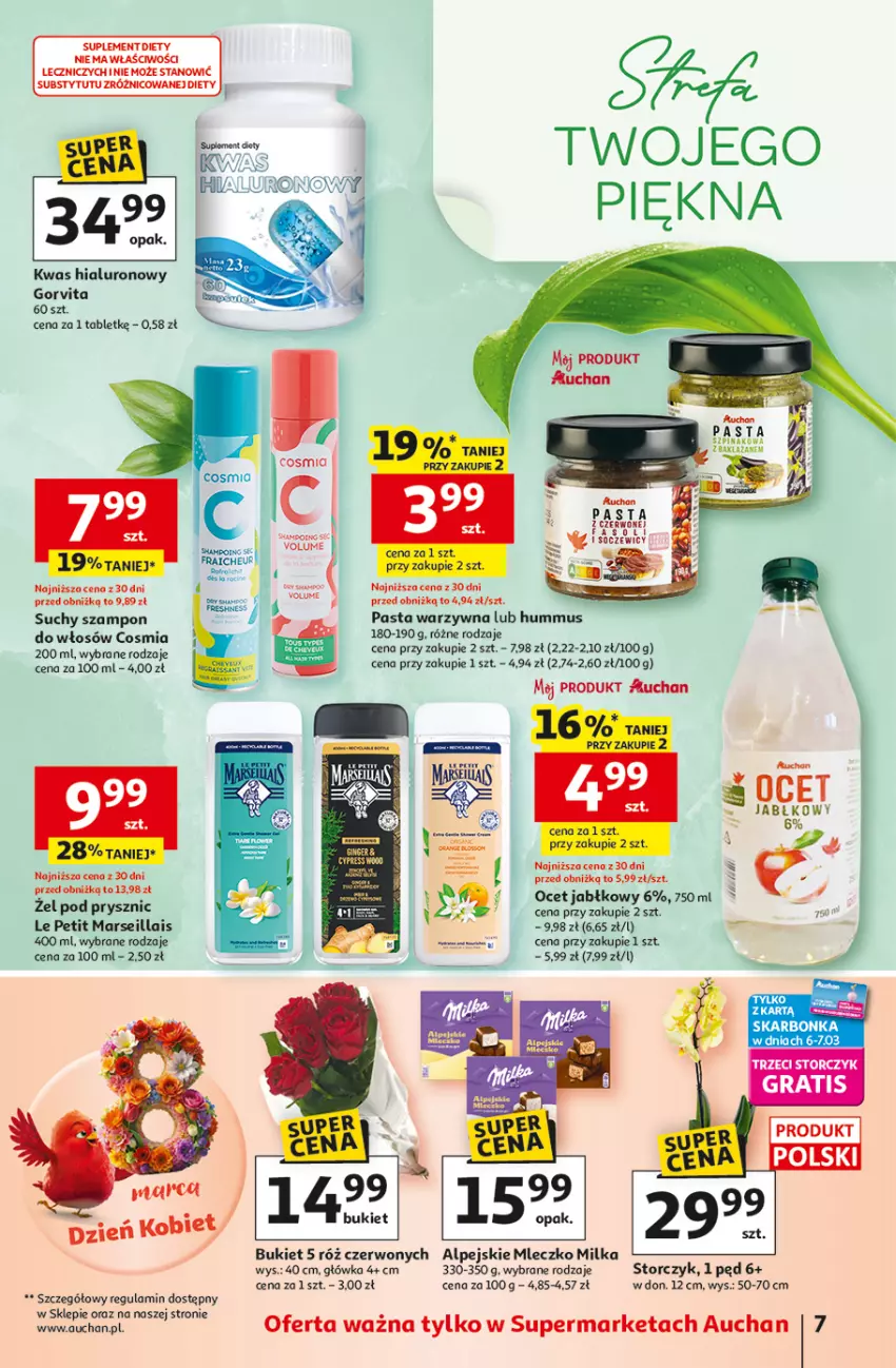 Gazetka promocyjna Auchan - 30 Lat Supermarket - ważna 05.03 do 11.03.2026 - strona 7 - produkty: Bukiet, Hummus, Mars, Milka, Mleczko, Mus, Ocet, Pasta warzywna, Storczyk, Suchy szampon, Szampon, Tablet, Znicz