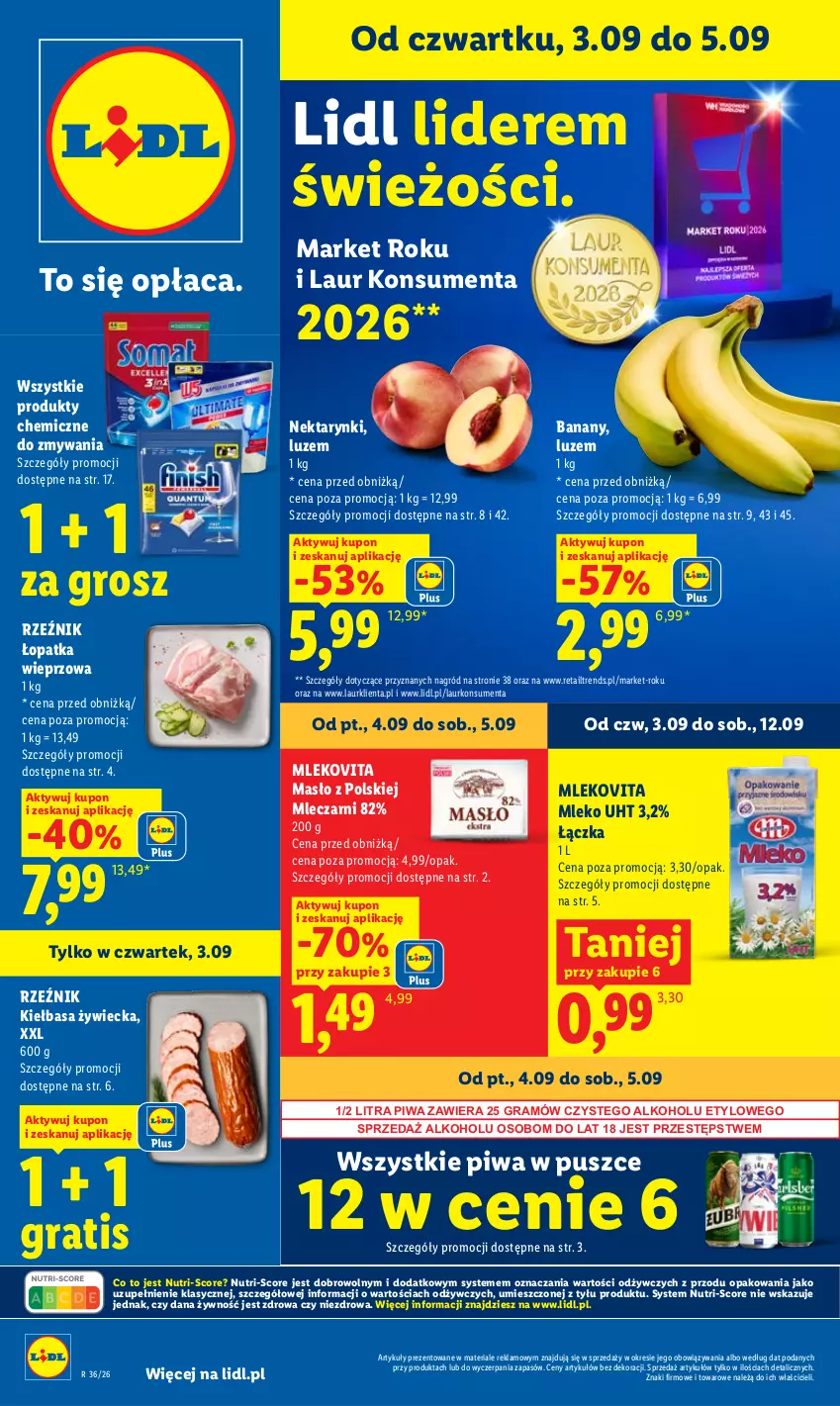 Gazetka promocyjna Lidl - Gazetka ważna od 3.09 do 5.09 - ważna 03.09 do 05.09.2026 - strona 1 - produkty: Banany, Gra, Kiełbasa, Laur, Masło, Mleko, Mlekovita, Nektar, Piwa