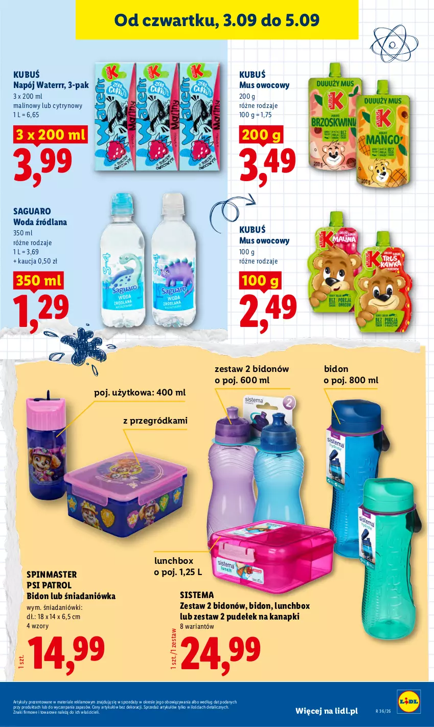 Gazetka promocyjna Lidl - Gazetka ważna od 3.09 do 5.09 - ważna 03.09 do 05.09.2026 - strona 47 - produkty: Kubuś, LANA, Mus, Napój, Psi Patrol, Woda