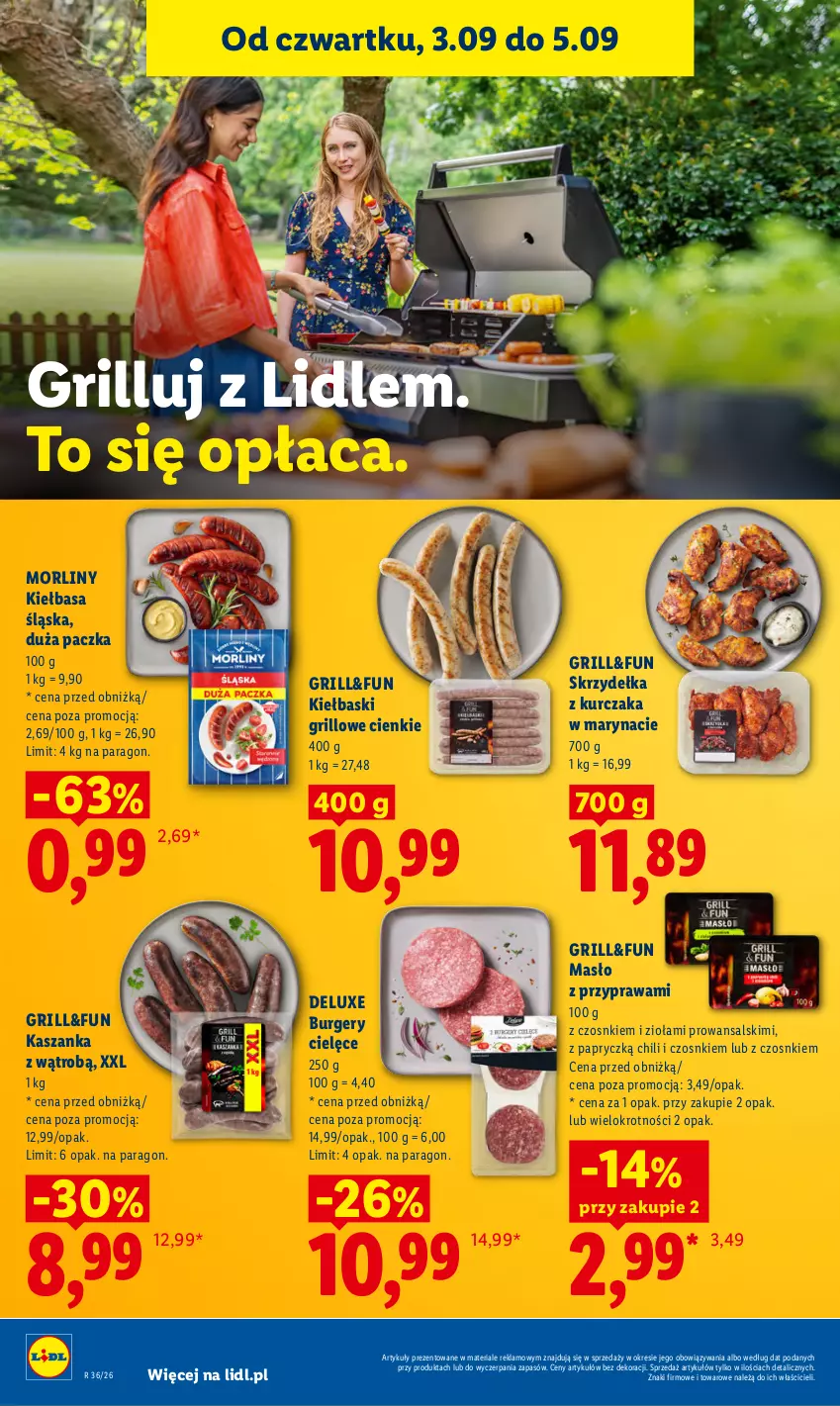 Gazetka promocyjna Lidl - Gazetka ważna od 3.09 do 5.09 - ważna 03.09 do 05.09.2026 - strona 52 - produkty: Burger, Grill, Kasza, Kaszanka, Kiełbasa, Kiełbasa śląska, Kurczak, Masło, Morliny, Skrzydełka z kurczaka