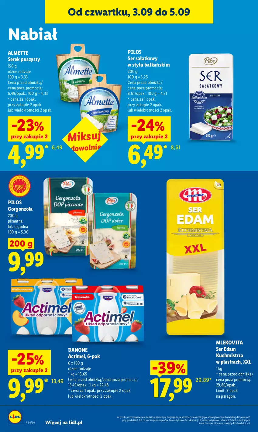 Gazetka promocyjna Lidl - Gazetka ważna od 3.09 do 5.09 - ważna 03.09 do 05.09.2026 - strona 62 - produkty: Actimel, Almette, Danone, Edam, Gorgonzola, Mleko, Mlekovita, Pilos, Sałat, Ser, Serek, Serek puszysty
