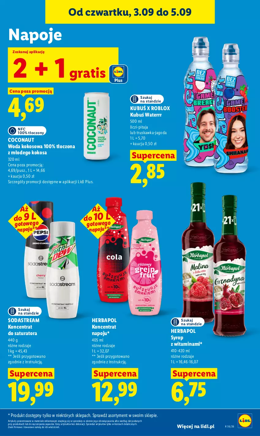 Gazetka promocyjna Lidl - Gazetka ważna od 3.09 do 5.09 - ważna 03.09 do 05.09.2026 - strona 65 - produkty: Gra, Herbapol, Kokos, Kubuś, Kubuś Waterrr, Liczi, Napoje, Syrop, Woda