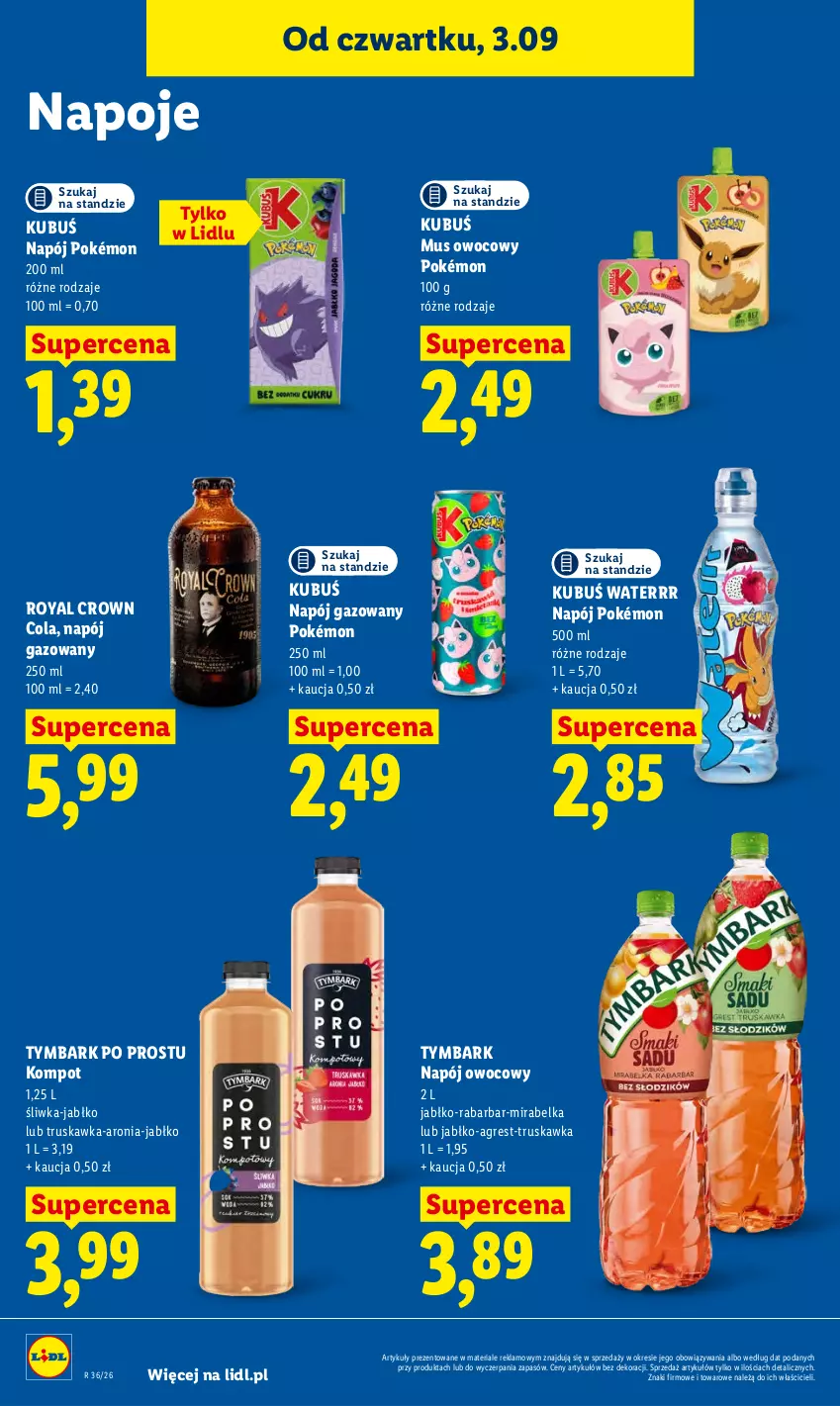 Gazetka promocyjna Lidl - Gazetka ważna od 3.09 do 5.09 - ważna 03.09 do 05.09.2026 - strona 66 - produkty: Aronia, Gres, Kubuś, Kubuś Waterrr, Mus, Napój, Napój gazowany, Napoje, Pokémon, Tymbark