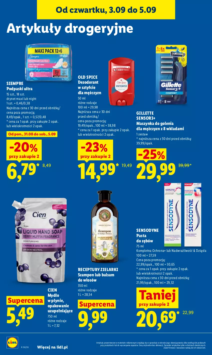 Gazetka promocyjna Lidl - Gazetka ważna od 3.09 do 5.09 - ważna 03.09 do 05.09.2026 - strona 86 - produkty: Dezodorant, Gillette, Maszynka, Maszynka do golenia, Mydło, Mydło w płynie, Old Spice, Pasta do zębów, Podpaski, Sensodyne, Szampon, Szynka